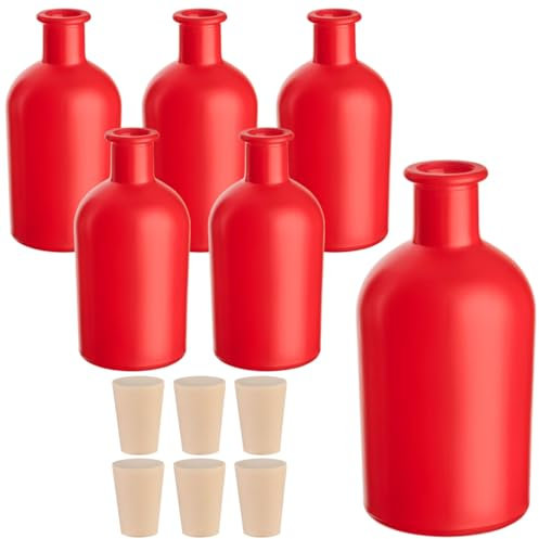 gouveo Set di 6 bottiglie di vetro da 250 ml farmacista rosso con tappo – bottiglia rotonda da riempire – bottiglia vuota da farmacista per liquore, olio, aceto (AFR250RPEK)