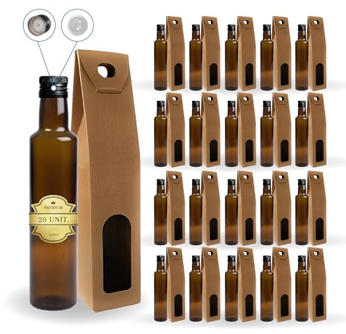 Espirito Rebelde 20 Bouteilles en Verre Foncé 250ml avec Bouchon a Vis Noir avec Bec Verseur + 20 Boîtes | Huile d'Olive, Vinaigre, Alcool, Sauces | Huilier