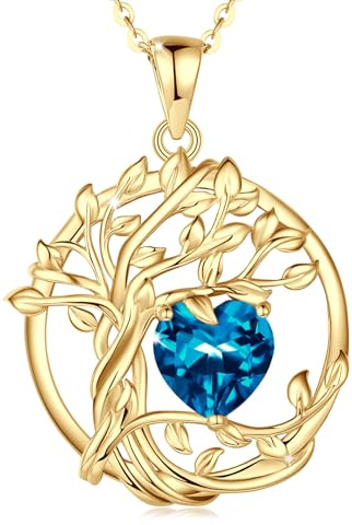 FANCIME Tree of Life Collier arbre de vie en argent sterling plaqué or jaune avec pendentif en pierre de naissance, bijou d'anniversaire, cadeau de Noël pour femme, maman, topaze bleue