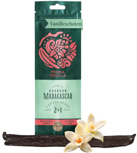 Prema Vanilla 3 Pcs Gousses de Vanille Bourbon Bio de Madagascar, Grade A | 1,6-2% de Vanilline, Gousses Souples 14-18cm, Sans Gluten, Sans Additifs, Idéal pour Pâtisserie, Glaces & Plats Salés