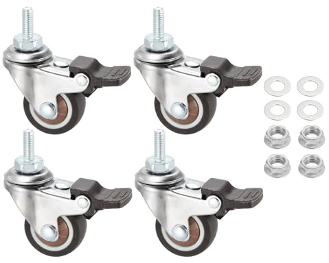 PATIKIL 1.25 Inch Roues Pivotantes Avec Frein, 4Pcs Tige Filetée M6x15mm En Caoutchouc TPE Capacité De Charge 132 Lbs Avec Ensemble D'outils Pour Chariot De Meubles, Marron