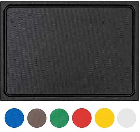MUVELL Planche à découper en plastique PE-HD Noir, 35x25x2 cm, passe au lave-vaisselle, extra épaisse, n'abîme pas les couteaux bac à jus