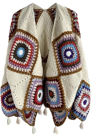 Cardigan da donna fatto a mano all'uncinetto con frange e maniche lunghe, poncho mantello scialli avvolge maglione cappotto quadrato, Albicocca, Taglia Unica