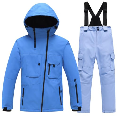 L PATTERN Skianzug Kinder 2 Teilig Verdickt Wasserdicht Schneeanzug Junge Skijacke und Skihose Mädchen Warme Outdoor Ski-Bekleidung,Treasure Blue+Haze Blue,152-158