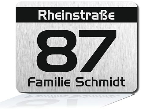 Hausnummernschild von EDS-Werbemedien - Hochwertiges Hausnummer Schild in Edelstahl-Design - Individuell personalisierbares Haus Nummernschild aus UV- und witterungsbeständigem Material