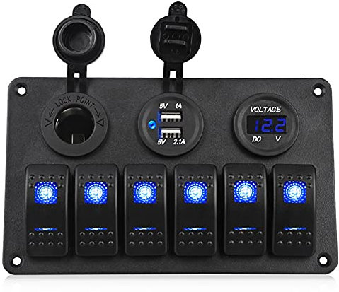 MUEOSI Panneau de Commutation Marin Yacht, for Bateau Voiture USB Chargeur de Voiture Prise Allume-Cigare Voltmete Panneau de Commutation d'éclairage 12V Bleu Tableau électrique