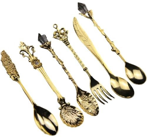 AUNANGLJSCS Cuchara de té Cucharas de Postre Juego de 6 cucharas de café talladas Estilo Vintage, cucharilla de aleación de Zinc Retro, vajilla for café, Postre, Cubiertos de Cocina, Color Dorado