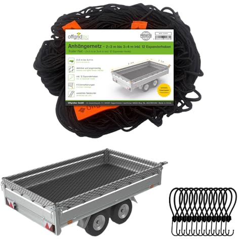 Offgridtec Red de Seguridad de Carga para remolques, 2 x 3 m a 3 x 4 m, Extensible y Malla Fina, Incluye 12 Ganchos tensores, Marcas de Esquinas, Cuerda de Goma Reforzada, Seguridad de Carga para