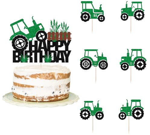 7 Pcs Farm Tractor Happy Birthday Cake Topper,Green Tractor Themed Happy Birthday Cake Toppers for Baby Shower Birthday Party Construction Party,Boy and Girl Farm Party Decorations