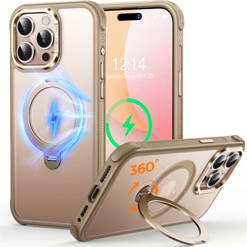 Custodia O3 Mag-Stand per iPhone 15 Pro Max con Supporto a 360°,[Compatibile con MagSafe][Eccezionalmente Delicata Sulla Pelle] Sottile Eopaca Magnetica Traslucida 6,7, Oro Opaco