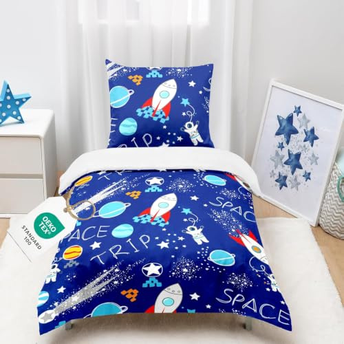CINYE Bettwäsche Kinder 140×200 Jungen Kinderbettwäsche Mit 1 Kissenbezug 65×65 cm 3D Astronaut und Rakete Muster Blau Mikrofaser