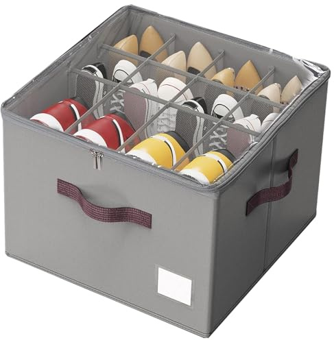 SYEXDZON Shoe Organiser, Shoe Box Storage for Closet, Shoes Storage Organiser with Zipable Clear Cover and Reinforced Handles, Foldable Shoe Container for Boots Heels Sneakers (Grey)