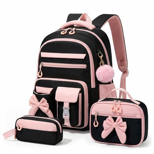 Amythe Schulrucksack Mädchen 3 Teilig, Schulranzen Kawaii 3. bis 7. Klasse mit Lunch Tasche Federmäppchen Gymnasium Fliege Dekoration mit Anti-Diebstahl-Tasche 24L-Rosa Schwarz