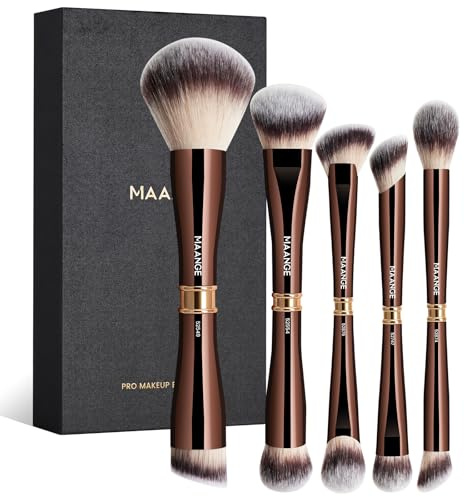 MAANGE Luxury 5-Piece Dual-Ended Makeup Brush Set in Gold 10-in-1 Travel Brush Kit for Foundation, Eyeshadow & Blush with Mirror Case - Premium Gift for Her