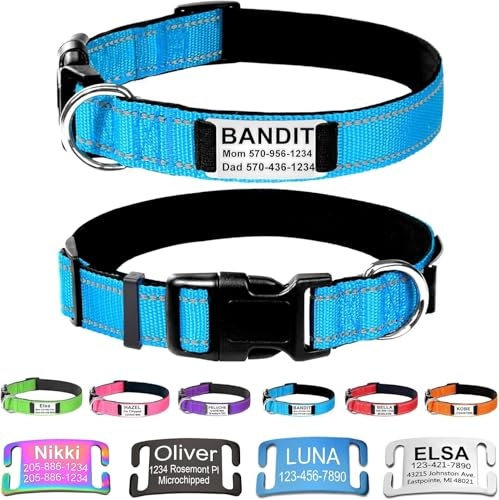 Collares de perro personalizados con placa de nombre, etiquetas de identificación grabadas con collar de nailon reflectante, collar de perro acolchado de neopreno suave ajustable para perros pequeños