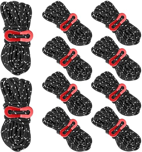 QWORK® 10 Piezas Cuerdas de Tienda con ajustador de tensión de Aluminio, Nailon de Alta Resistencia, 4 m de Longitud, 4 mm de diámetro Camping, Senderismo