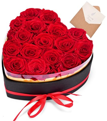 Rosenbox Herz 16 Ewige Rosen, Ewige echte Konservierte Echt Blume Rose Geschenk Herzform Box-Blumen Rosenbox für Valentinstag Muttertag Weihnachten Geburtstag Hochzeitstag