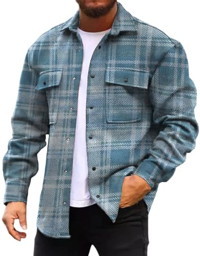Veste Chauffante Homme Hiver Automne Légère Chaude Trekking Sport Extérieur Blouson Multi Poches Surchemise Manche Longue Vintage imprimée à Carreaux Boutons Mantea Revers e mi Saison Top de Travail