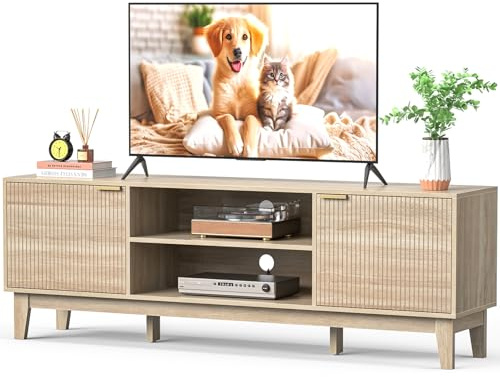 Skokliz Modern TV-Schrank für bis zu 80 Zoll - 178cm Landhausstil Medienkonsole mit geriffelten Türen & 2 Ablagefächern in Eiche
