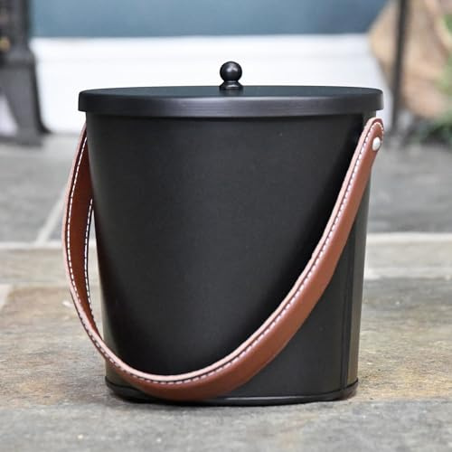 Modern Black Ash Bucket with Leather Handle Heavy Duty Coal Scuttle & Log Bucket – Rustic Metal Fireplace Storage Container for Wood, Kindling & Ash – Fireside Accessory