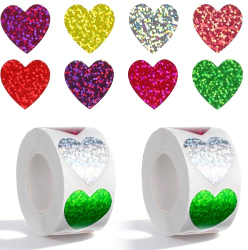 Ouligay glitter hjärta klistermärke rulle 1 000 stycken färgglada klistermärken hjärtan, självhäftande klistermärken hjärta belöningsklistermärken kärlek klistermärken 25 mm hjärta klistermärken för