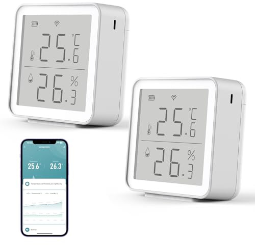 Wlan Thermometer Hygrometer, 2.4G WiFi Smart Thermometer mit App, Wlan temperatursensor Innen,°C/°F umschaltbar, Kompatibel mit Alexa/Google Home/Tuya/Smart life, -10~50℃,Remote Monitoring (2PCS)