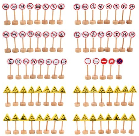 HONMEET Lot de 50 Panneaux de Signalisation en Bois Double Face Éducatif de Marquage Routier pour Garçon et Filles Jeu de Simulation de Circulation Matériel Solide et Coloré pour