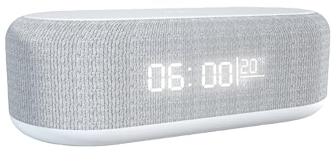 6-in-1 Wireless Charging Station,Alarm Clock with Wireless Charging,25W Charger, Bluetooth Speaker,Dimmable Night Light,Snooze Function,Temperature Display for Bedroom Home Office (White)