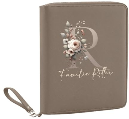 AWASG Personalisierter Organizer Familie mit Name personalisiert, Familienorganizer Reisemappe Dokumententasche, Reisepasshülle Family Buchstabe Blumen, Braun