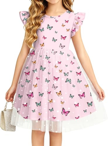 VVNTY Flicka prinsessa klänning paljetter tyll blommor fjäril sommar födelsedag festklänning 3–9 år, Rosa-butterfly1, 8-9 år