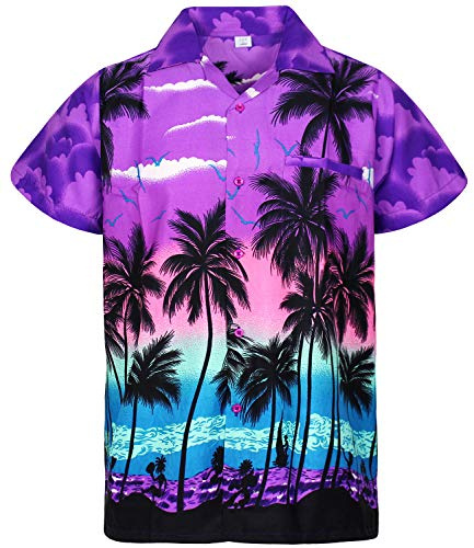 King Kameha Funky Camicia-Hawaiana Uomo Manica-Corta Elegante Palme Tropicali per Le Vacanze al Mare Unisex