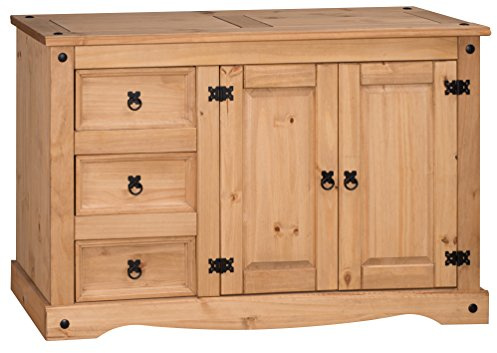 Mercers Furniture Corona Sideboard Low 2 Door 3 Drawer Solid Wood Pine Wooden Dresser Kitchen Dining Living Room Hallway Mexican Style Cupboard Storage 76cm High 120cm Wide 38cm Deep