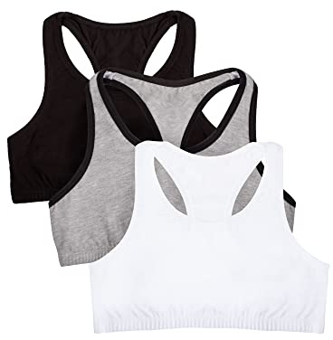 Fruit of The Loom Big Girl's Cotton Built-up Sport 3 Pack(Pack of 3) Bra, Grey Black/Black/White, 32