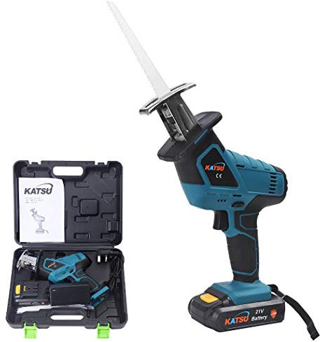 KATSU Cordless Reciprocating Saw 21V, Battery Powered Mini Pruning Reciprocating Saw, 4pcs Blades and 1x 1.2Ah Battery Included for Metal Wood PVC Pipe Tree Pruning Cutting 102757