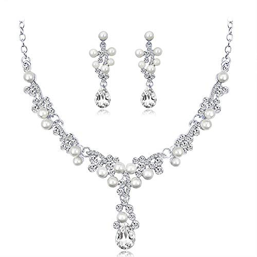 Kamise Hochzeit Halskette & Ohrringe Set, Blumen Schmuckset Damen mit Weiß Kristall & Künstliche Perle, Luxus Hochzeitsschmuck mit Schmuck Geschenkbox für Braut Brautjungfern