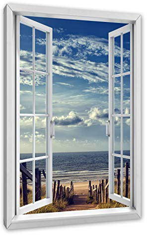 Pixxprint Weg zum Strand am Meer, Fenster, Größe: 120x80cm, Leinwandbild, fertig gespannt, Wandbild, Dekoration, Kunstdruck, kein Poster