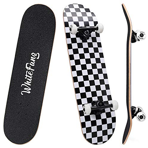 WhiteFang Skateboards for Beginners, Complete Skateboard 31 x 7.88, 7 Layer Canadian Maple Double Kick Concave Standard and Tricks Skateboards for Kids and Beginners (Check)