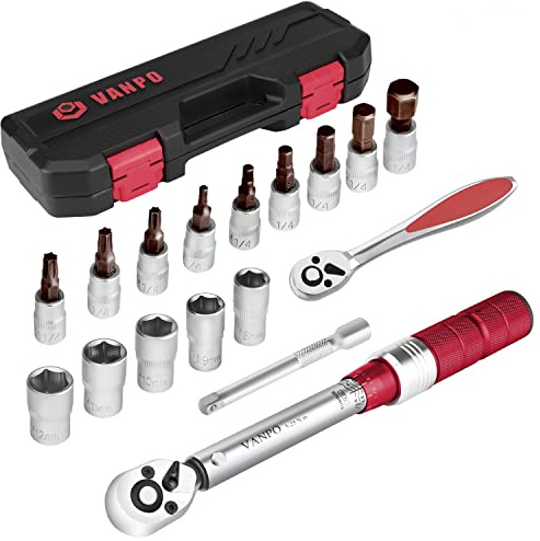VANPO 1/4 Clé Dynamométrique de Torsion 5-25 Nm, Précision ± 3%, 17 Pièces Kit D'entretien pour Vélos Route Montagne avec Barre D'extension, Clé à Cliquet 1/4, Hex et Torx Bits, Douilles Allen