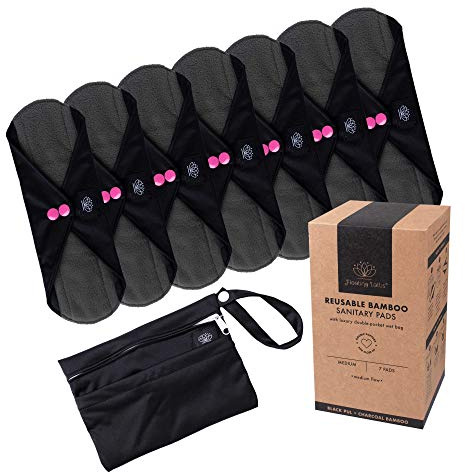 FLOATING LOTUS Reusable Sanitary Pads (7pk Medium: Light to Medium Period Flow) Black Washable Bamboo Menstrual Towels Panty Liners inc Waterproof Bag