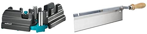 wolfcraft Soporte de ajuste y corte, 6948000, Producto 2 en 1 para rodapiés exactos + Sierra de mano con mango acodado, 6925000, Para serrado próximo al suelo