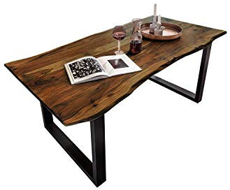 SAM Esszimmertisch 160x85 cm Quinn, echte Baumkante, nussbaumfarben, massiver Esstisch aus Akazienholz, Metallbeine Schwarz, Baumkantentisch