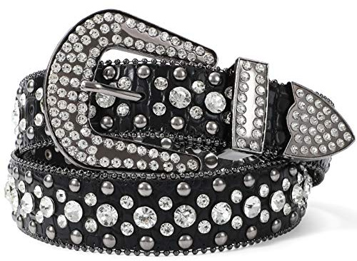 LEACOOLKEY - Cintura unisex, alla moda, con strass, con borchie, in pelle sintetica (PU), adatta per jeans, A-nero.