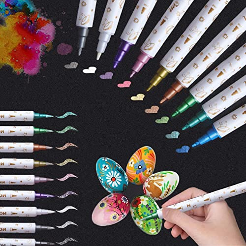 10 Pcs Dual Tip Metallic Marker Pens, Glitter Paint Set for DIY Crafts | Versatile colouring pens for scrapbooking & rock painting; works on glass, wood, metal, canvas, pebbles and ceramics