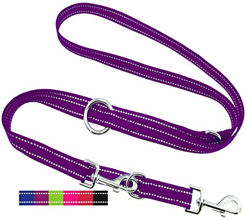 DEY - Premium Hundeleine Nylon 2m | Reflektierend | 3fach Verstellbar | für Kleine, Mittelgroße u. Große Hunde | viele Farben |Doppelleine Hund | Schleppleine | Führ-Leine | Welpenleine | Lila, S