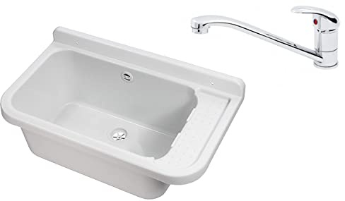 Waschbecken Ausgussbecken 50 cm x 34 cm x 21 cm Spülbecken Waschtrog mit Überlauf Waschbecken für Gewerbe Waschraum Garten Seifenspender Armatur Atut inkl. Ablaufgranitur