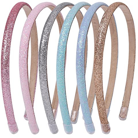 Fishdown Thin Glitter Headbands 6 Pack, Including Gold, Silver, Rose Red, Pink, Blue, Light Blue for Girls and Women, Non-slip Upgraded Sequin Headband with Soft Fabric Cover