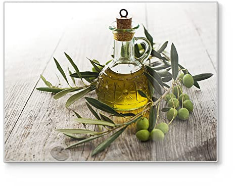 DEQORI Planche à découper en verre grande taille 40 x 30 cm motif huile d'olive avec branche d'olive planche antibactérienne cuisine