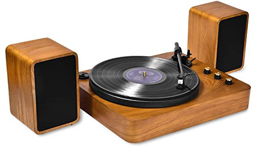 VIFLYKOO Platine Vinyle Bluetooth Avec Haut-parleurs Stéréo Intégrés, Tourne Disque 3 Vitesses 33/45/78 RPM, Entrée Sortie AUX - Bois Naturel