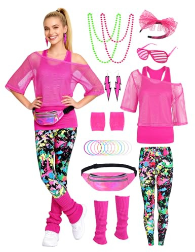 FOVER 80er 90er Jahre Outfit Damen Netzshirt, Tank top, Leggins, Netzhandschuhe, Bauchtasche, Haarband, Ohrring, Armband, Halskette, 80iger Kostüm Zubehör Neon Kleidung 80s Aerobic Bad Taste Outfit