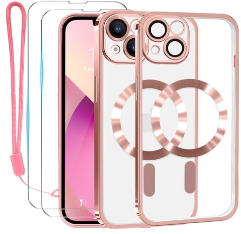 Lafunda Coque pour iPhone 13 Transparente Aimantée Violet foncé | 2×Verre Trempé et Caméra Protecteur Coque Compatible avec MagSafe Magnétique Film Protection D'écran